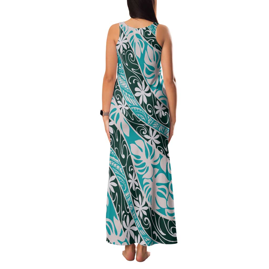 Cyan Tahiti Tiare Monstera Family Matching Tank Maxi Dress and Hawaiian Shirt Polynesian Pattern Curve Style LT01 - Polynesian Pride