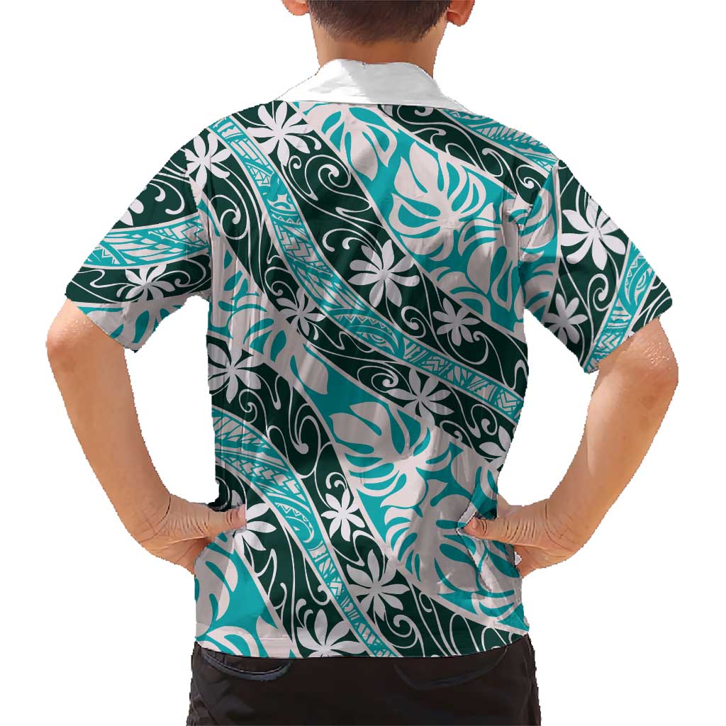Cyan Tahiti Tiare Monstera Hawaiian Shirt Polynesian Pattern Curve Style - Polynesian Pride