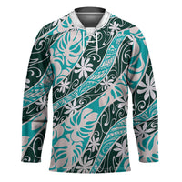 Cyan Tahiti Tiare Monstera Hockey Jersey Polynesian Pattern Curve Style - Polynesian Pride