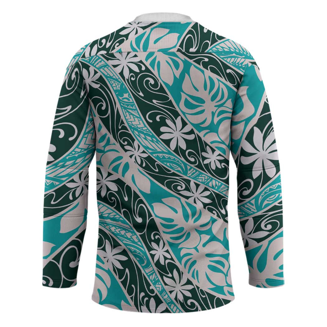Cyan Tahiti Tiare Monstera Hockey Jersey Polynesian Pattern Curve Style - Polynesian Pride