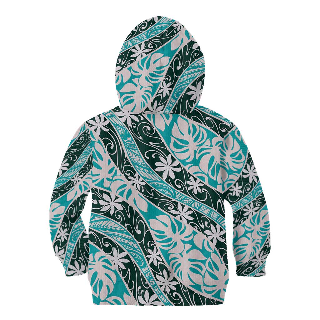 Cyan Tahiti Tiare Monstera Kid Hoodie Polynesian Pattern Curve Style - Polynesian Pride