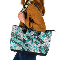 Cyan Tahiti Tiare Monstera Leather Tote Bag Polynesian Pattern Curve Style LT01 Cyan - Polynesian Pride