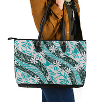 Cyan Tahiti Tiare Monstera Leather Tote Bag Polynesian Pattern Curve Style LT01 - Polynesian Pride