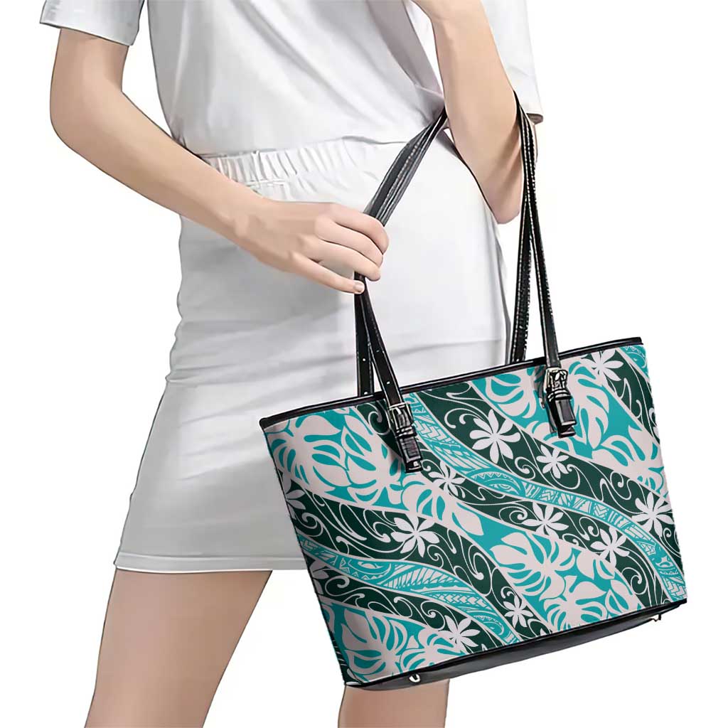 Cyan Tahiti Tiare Monstera Leather Tote Bag Polynesian Pattern Curve Style LT01 - Polynesian Pride