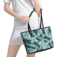 Cyan Tahiti Tiare Monstera Leather Tote Bag Polynesian Pattern Curve Style LT01 - Polynesian Pride