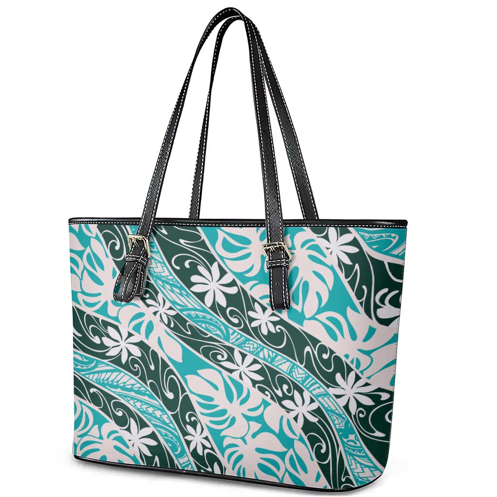 Cyan Tahiti Tiare Monstera Leather Tote Bag Polynesian Pattern Curve Style LT01 - Polynesian Pride