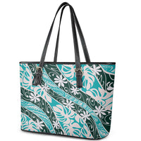 Cyan Tahiti Tiare Monstera Leather Tote Bag Polynesian Pattern Curve Style LT01 - Polynesian Pride