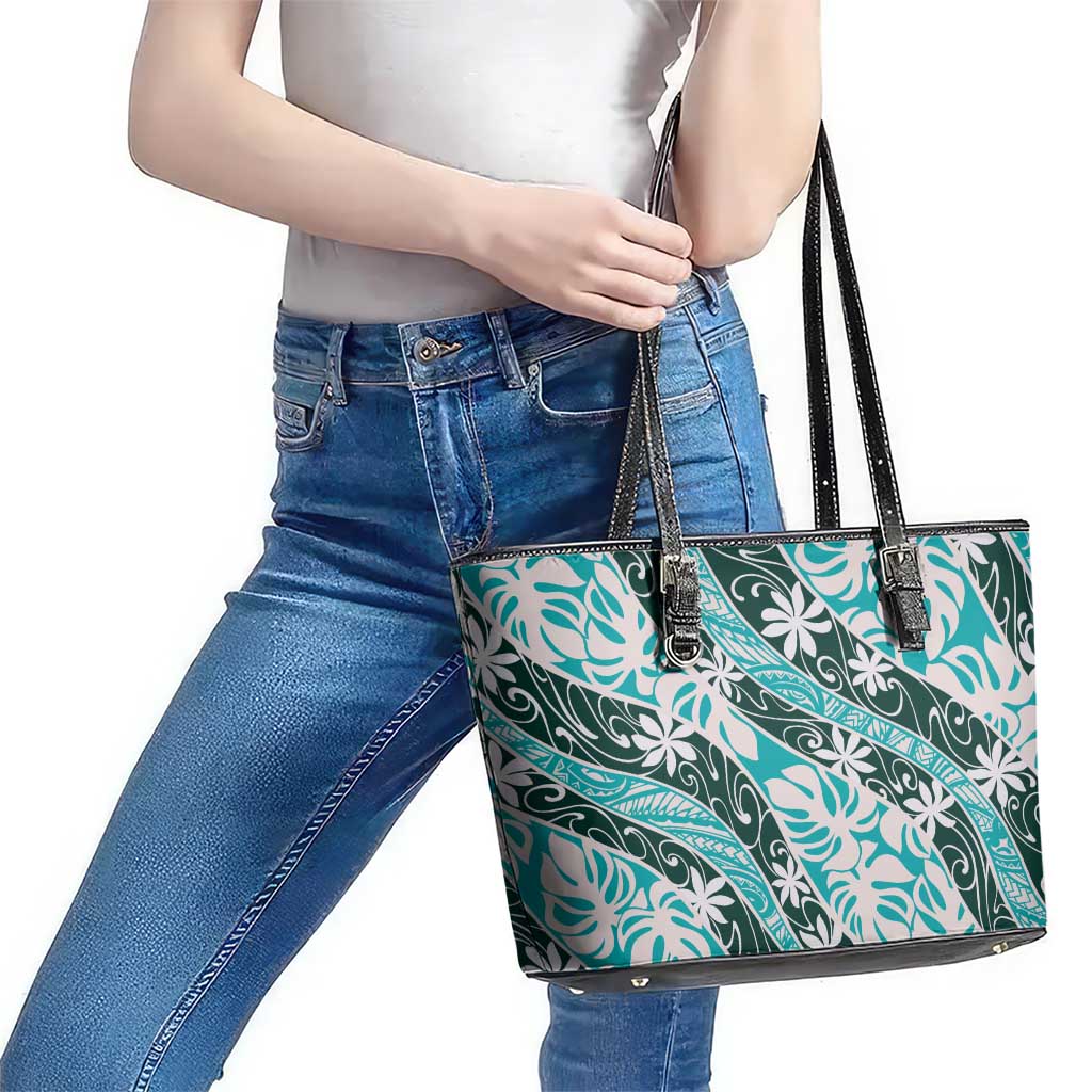 Cyan Tahiti Tiare Monstera Leather Tote Bag Polynesian Pattern Curve Style LT01 - Polynesian Pride