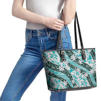 Cyan Tahiti Tiare Monstera Leather Tote Bag Polynesian Pattern Curve Style LT01 - Polynesian Pride