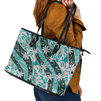 Cyan Tahiti Tiare Monstera Leather Tote Bag Polynesian Pattern Curve Style LT01 - Polynesian Pride