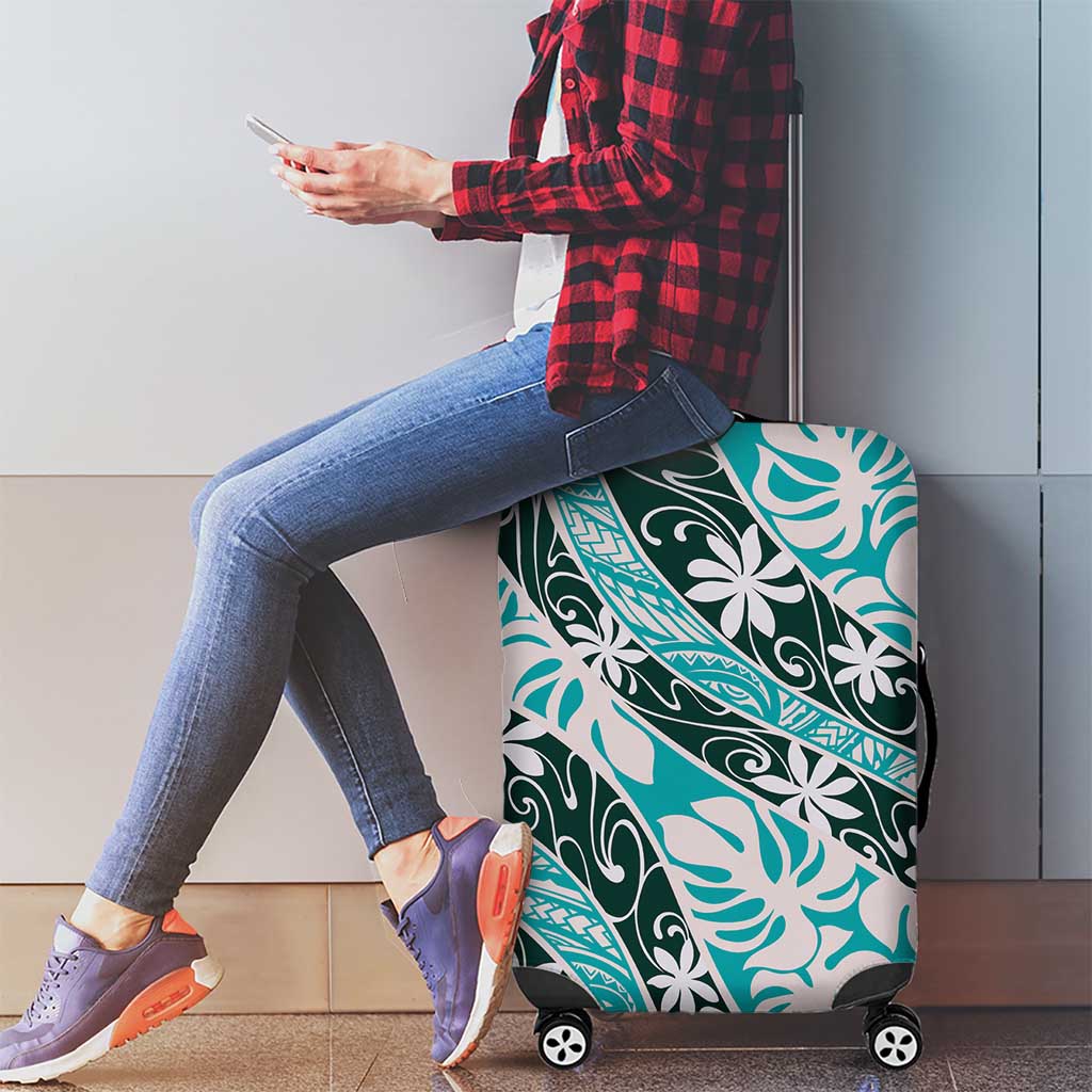 Cyan Tahiti Tiare Monstera Luggage Cover Polynesian Pattern Curve Style - Polynesian Pride