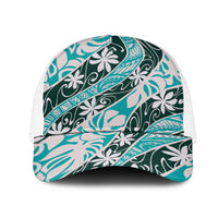 Cyan Tahiti Tiare Monstera Mesh Trucker Cap Polynesian Pattern Curve Style - Polynesian Pride