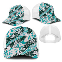 Cyan Tahiti Tiare Monstera Mesh Trucker Cap Polynesian Pattern Curve Style - Polynesian Pride