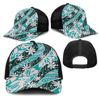 Cyan Tahiti Tiare Monstera Mesh Trucker Cap Polynesian Pattern Curve Style - Polynesian Pride