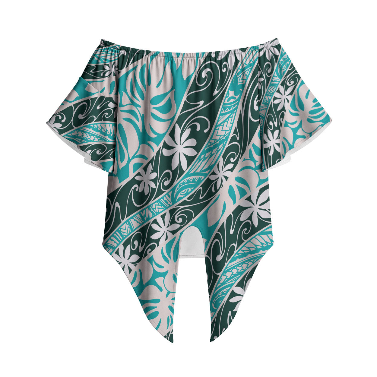 Cyan Tahiti Tiare Monstera Off Shoulder Wrap Waist Top Polynesian Pattern Curve Style LT01 Cyan - Polynesian Pride