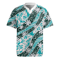 Cyan Tahiti Tiare Monstera Rugby Jersey Polynesian Pattern Curve Style - Polynesian Pride