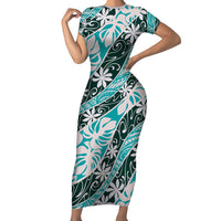 Cyan Tahiti Tiare Monstera Short Sleeve Bodycon Dress Polynesian Pattern Curve Style - Polynesian Pride