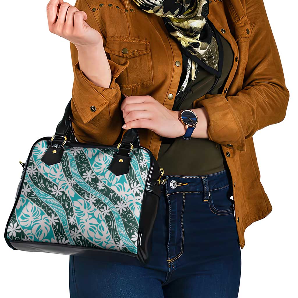 Cyan Tahiti Tiare Monstera Shoulder Handbag Polynesian Pattern Curve Style - Polynesian Pride