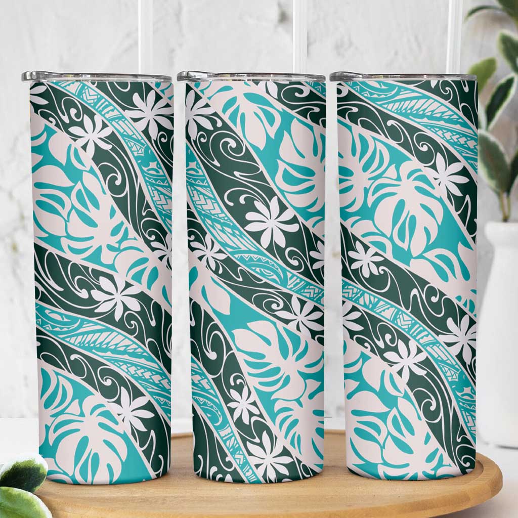 Cyan Tahiti Tiare Monstera Skinny Tumbler Polynesian Pattern Curve Style LT01 - Polynesian Pride