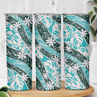 Cyan Tahiti Tiare Monstera Skinny Tumbler Polynesian Pattern Curve Style LT01 - Polynesian Pride