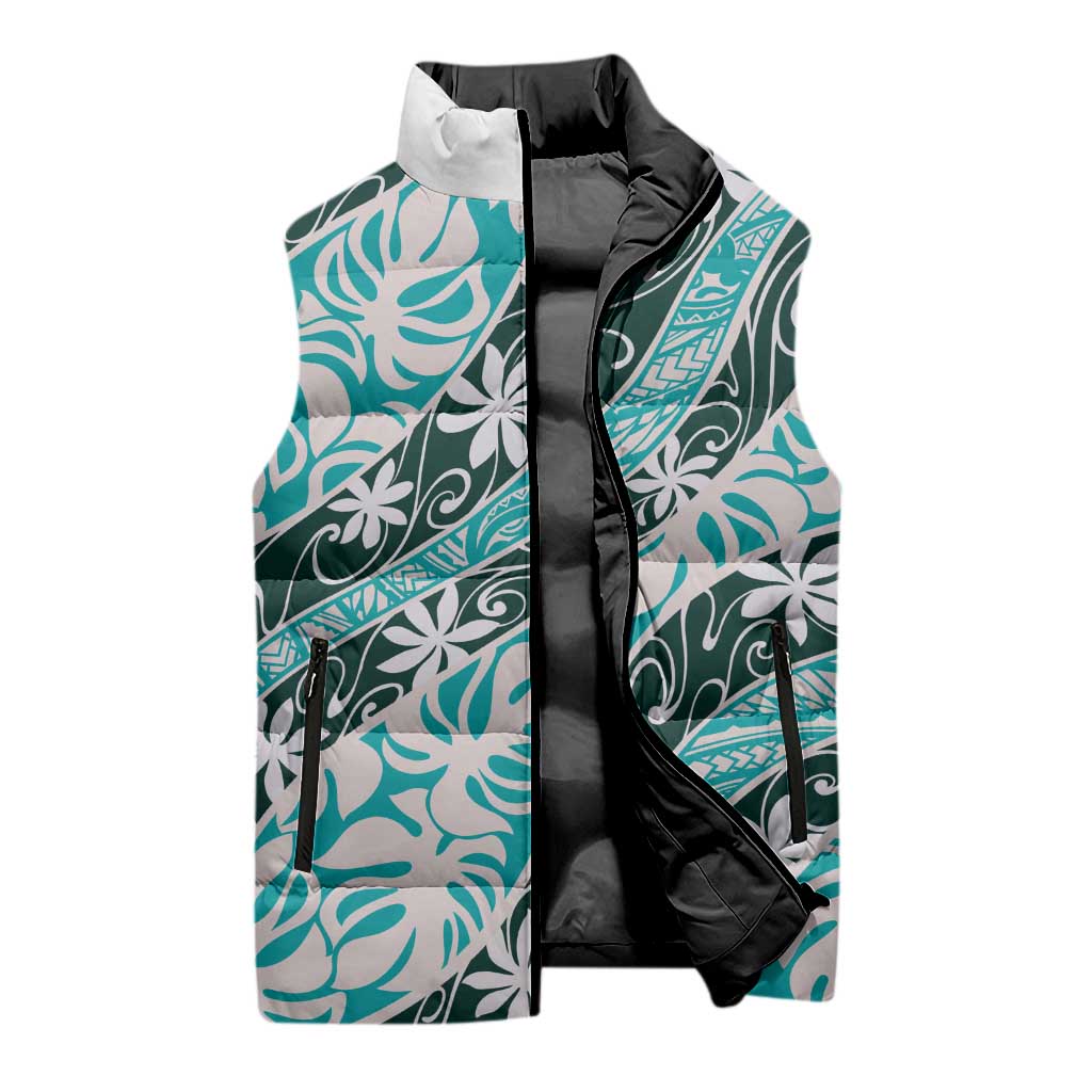 Cyan Tahiti Tiare Monstera Sleeveless Puffer Jacket Polynesian Pattern Curve Style LT01 - Polynesian Pride