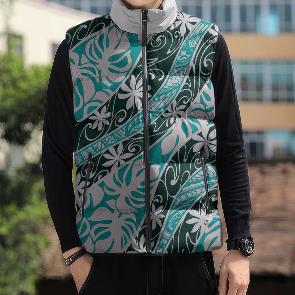 Cyan Tahiti Tiare Monstera Sleeveless Puffer Jacket Polynesian Pattern Curve Style LT01 - Polynesian Pride