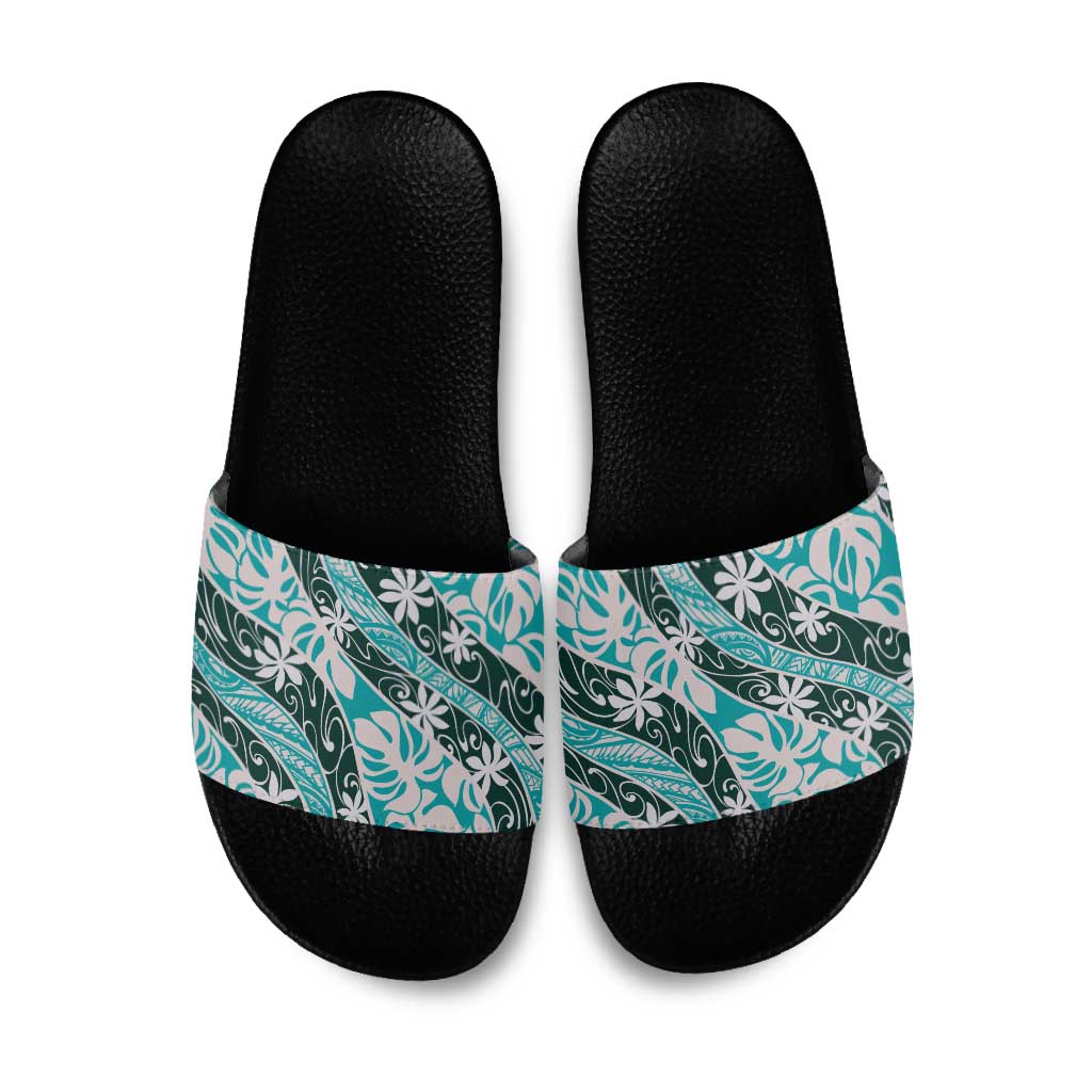 Cyan Tahiti Tiare Monstera Slide Sandals Polynesian Pattern Curve Style LT01 Cyan - Polynesian Pride