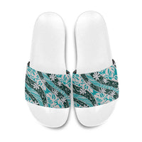 Cyan Tahiti Tiare Monstera Slide Sandals Polynesian Pattern Curve Style LT01 Cyan - Polynesian Pride