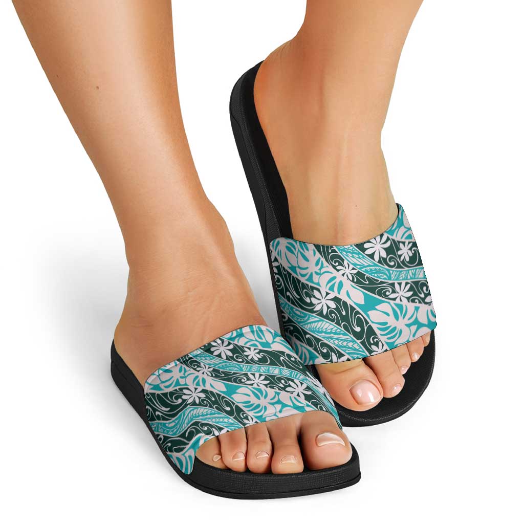 Cyan Tahiti Tiare Monstera Slide Sandals Polynesian Pattern Curve Style LT01 - Polynesian Pride
