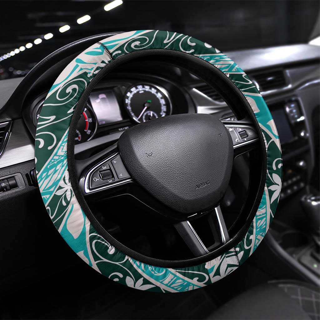 Cyan Tahiti Tiare Monstera Steering Wheel Cover Polynesian Pattern Curve Style LT01 Universal Fit Cyan - Polynesian Pride