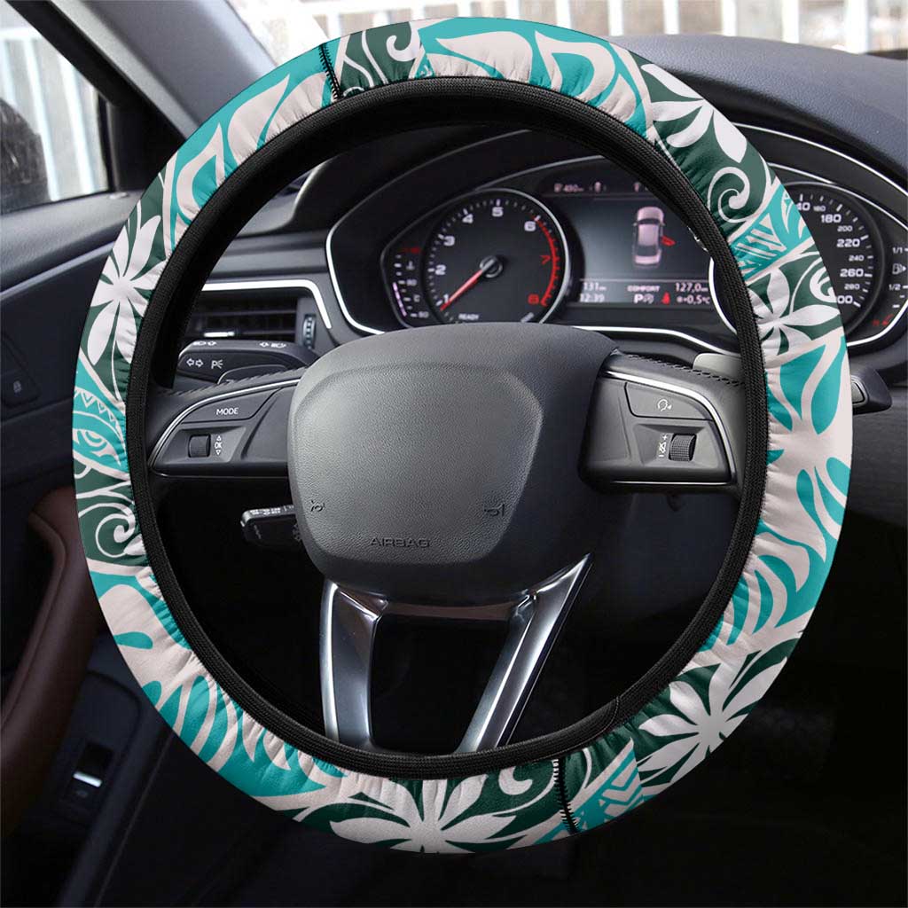 Cyan Tahiti Tiare Monstera Steering Wheel Cover Polynesian Pattern Curve Style LT01 - Polynesian Pride