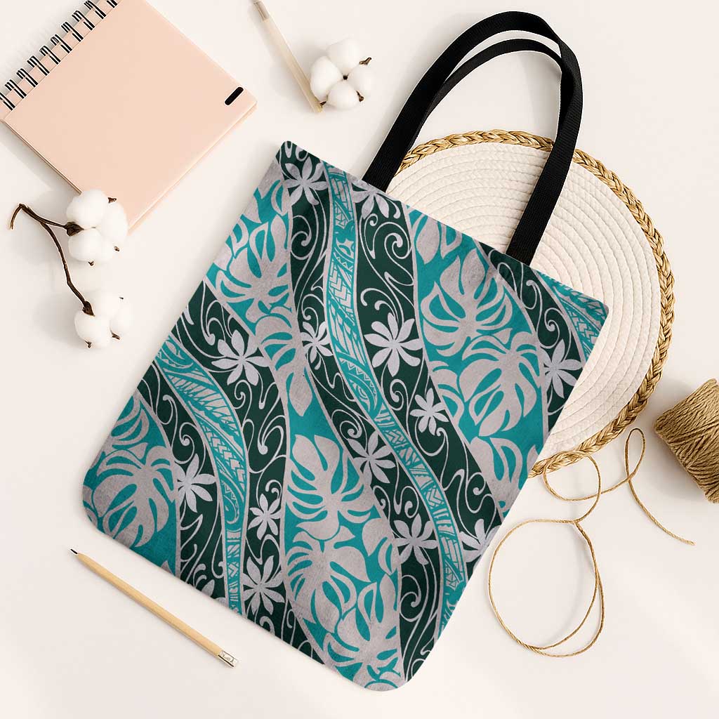 Cyan Tahiti Tiare Monstera Tote Bag Polynesian Pattern Curve Style LT01 Black Strap One Size Cyan - Polynesian Pride