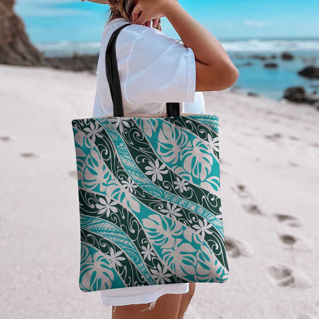 Cyan Tahiti Tiare Monstera Tote Bag Polynesian Pattern Curve Style LT01 - Polynesian Pride