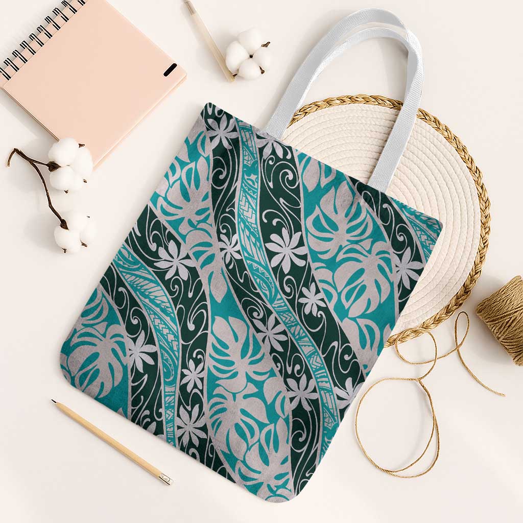 Cyan Tahiti Tiare Monstera Tote Bag Polynesian Pattern Curve Style LT01 White Strap One Size Cyan - Polynesian Pride