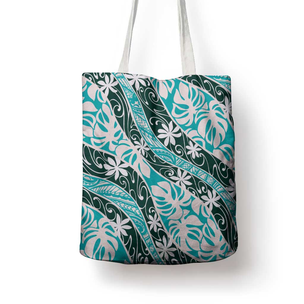 Cyan Tahiti Tiare Monstera Tote Bag Polynesian Pattern Curve Style LT01 - Polynesian Pride
