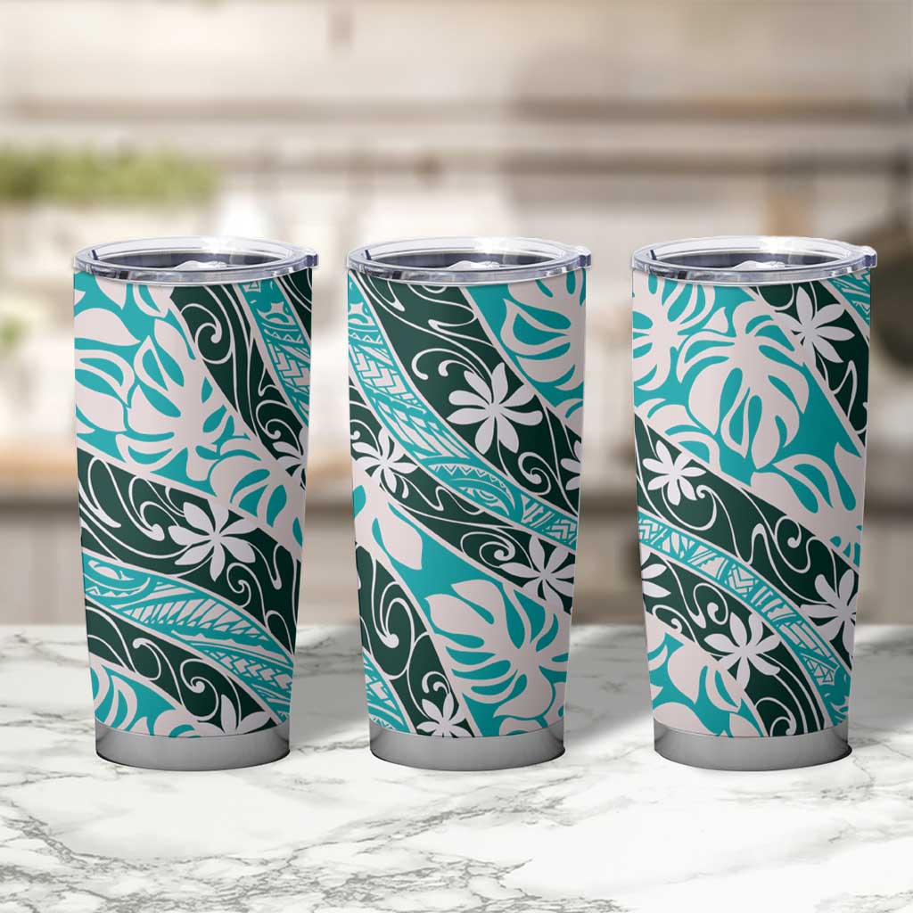 Cyan Tahiti Tiare Monstera Tumbler Cup Polynesian Pattern Curve Style - Polynesian Pride