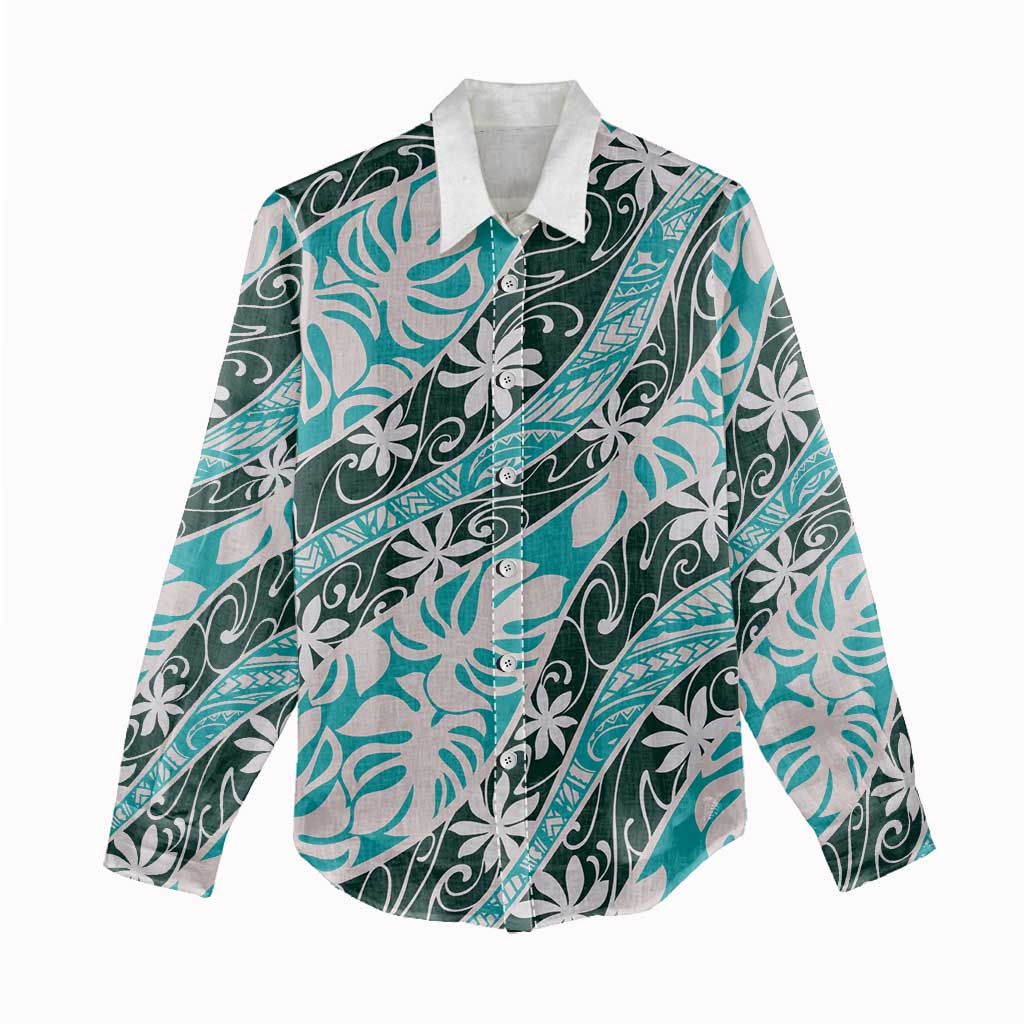 Cyan Tahiti Tiare Monstera Women Casual Shirt Polynesian Pattern Curve Style - Polynesian Pride