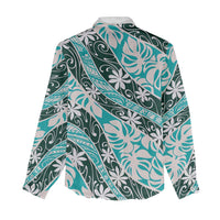 Cyan Tahiti Tiare Monstera Women Casual Shirt Polynesian Pattern Curve Style - Polynesian Pride