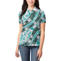 Cyan Tahiti Tiare Monstera Women Polo Shirt Polynesian Pattern Curve Style - Polynesian Pride