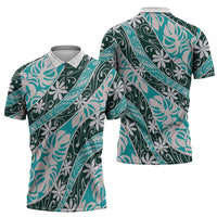 Cyan Tahiti Tiare Monstera Zipper Polo Shirt Polynesian Pattern Curve Style - Polynesian Pride