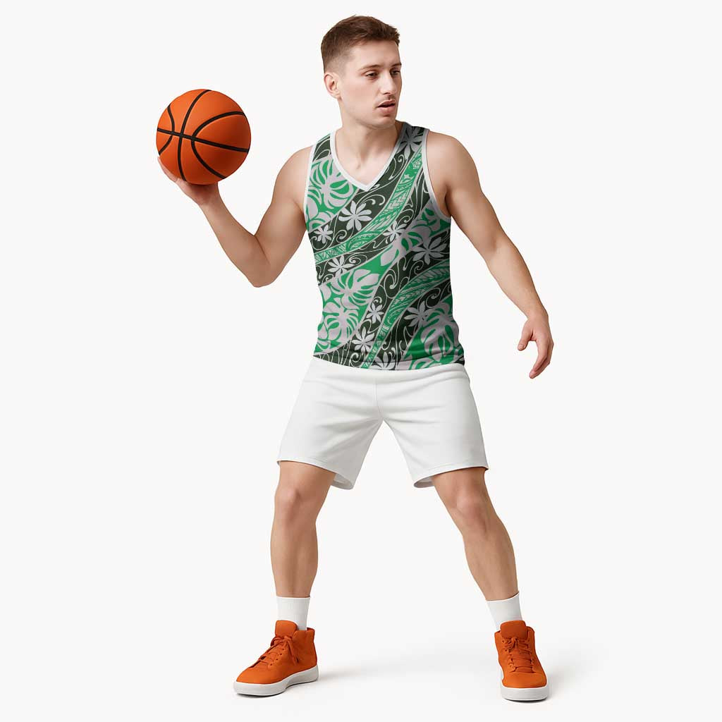 Matie Tahiti Tiare Monstera Basketball Jersey Polynesian Pattern Curve Style - Polynesian Pride