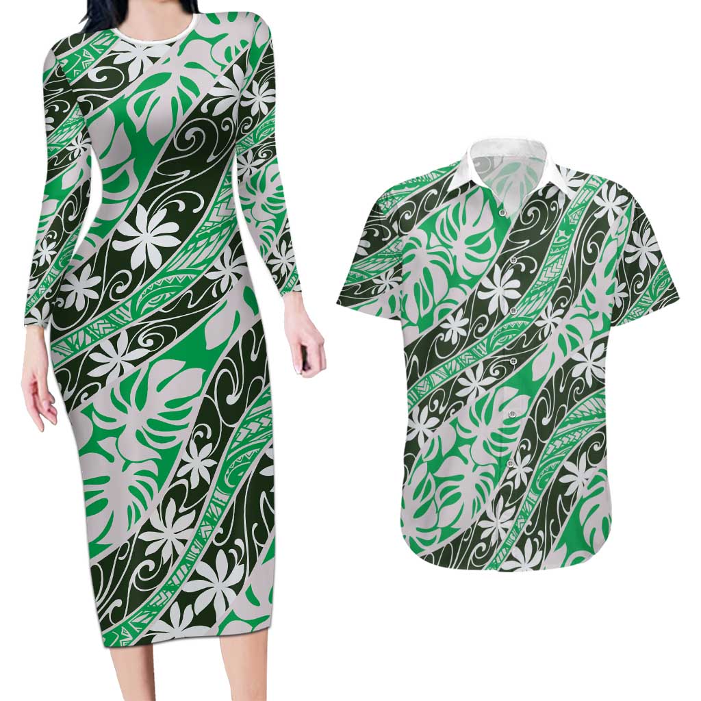 Matie Tahiti Tiare Monstera Couples Matching Long Sleeve Bodycon Dress and Hawaiian Shirt Polynesian Pattern Curve Style LT01 Green - Polynesian Pride