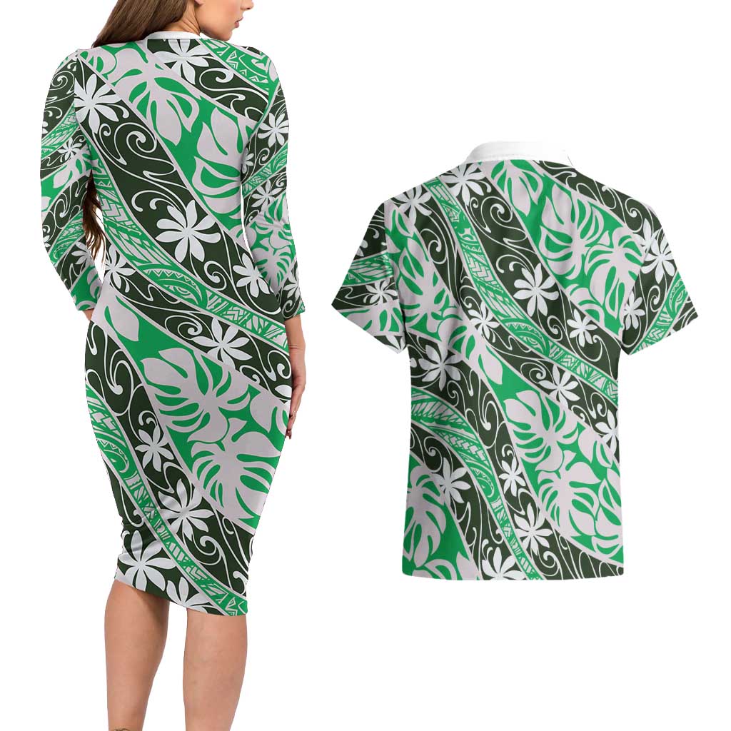 Matie Tahiti Tiare Monstera Couples Matching Long Sleeve Bodycon Dress and Hawaiian Shirt Polynesian Pattern Curve Style LT01 - Polynesian Pride