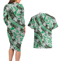 Matie Tahiti Tiare Monstera Couples Matching Long Sleeve Bodycon Dress and Hawaiian Shirt Polynesian Pattern Curve Style LT01 - Polynesian Pride