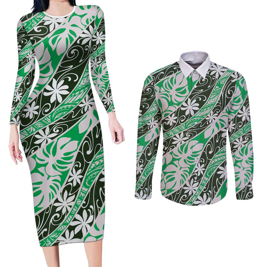 Matie Tahiti Tiare Monstera Couples Matching Long Sleeve Bodycon Dress and Long Sleeve Button Shirt Polynesian Pattern Curve Style LT01 Green - Polynesian Pride