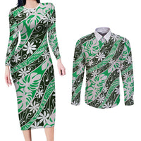 Matie Tahiti Tiare Monstera Couples Matching Long Sleeve Bodycon Dress and Long Sleeve Button Shirt Polynesian Pattern Curve Style LT01 Green - Polynesian Pride