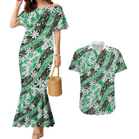 Matie Tahiti Tiare Monstera Couples Matching Mermaid Dress and Hawaiian Shirt Polynesian Pattern Curve Style LT01 Green - Polynesian Pride