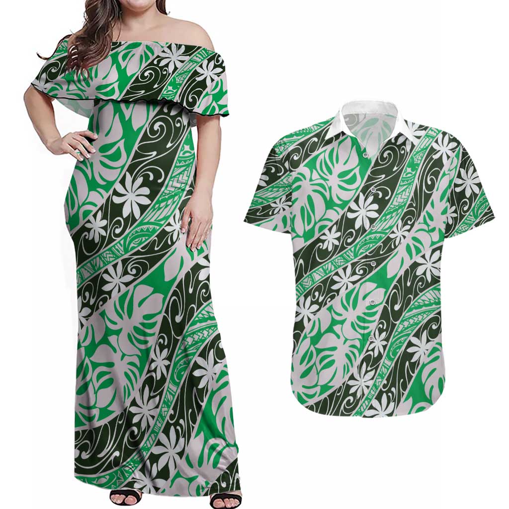 Matie Tahiti Tiare Monstera Couples Matching Off Shoulder Maxi Dress and Hawaiian Shirt Polynesian Pattern Curve Style LT01 Green - Polynesian Pride