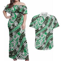 Matie Tahiti Tiare Monstera Couples Matching Off Shoulder Maxi Dress and Hawaiian Shirt Polynesian Pattern Curve Style LT01 Green - Polynesian Pride