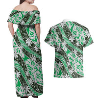 Matie Tahiti Tiare Monstera Couples Matching Off Shoulder Maxi Dress and Hawaiian Shirt Polynesian Pattern Curve Style LT01 - Polynesian Pride